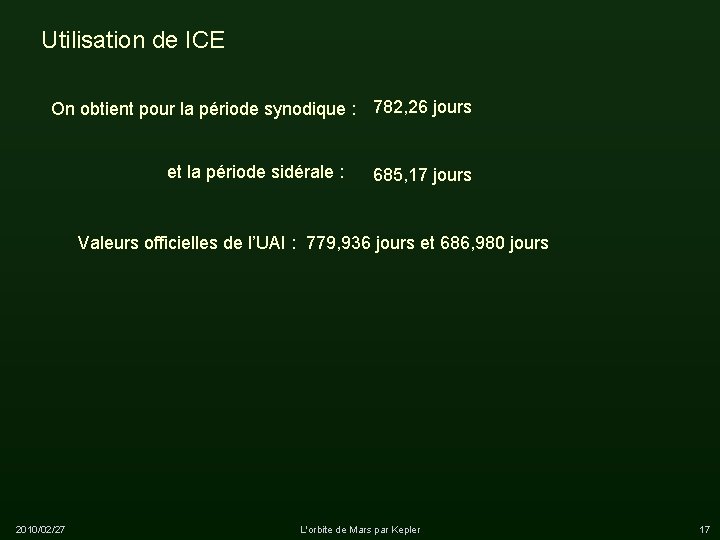 Utilisation de ICE On obtient pour la période synodique : 782, 26 jours et