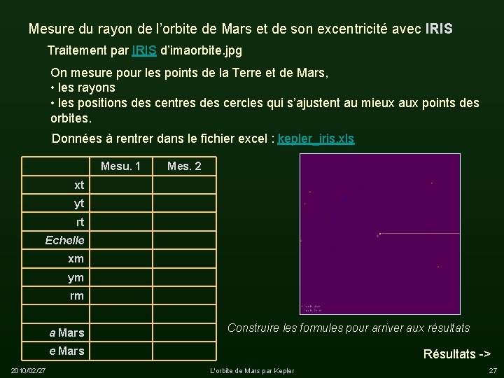 Mesure du rayon de l’orbite de Mars et de son excentricité avec IRIS Traitement