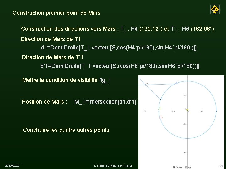 Construction premier point de Mars Construction des directions vers Mars : T 1 :