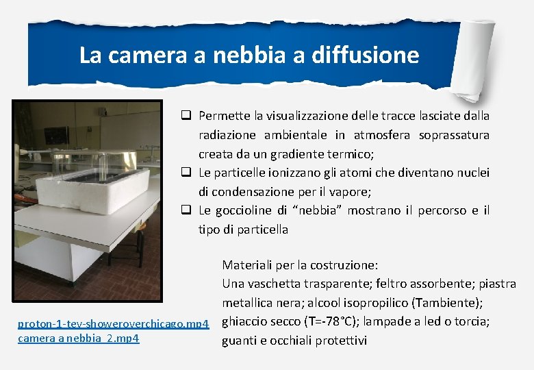 La camera a nebbia a diffusione q Permette la visualizzazione delle tracce lasciate dalla