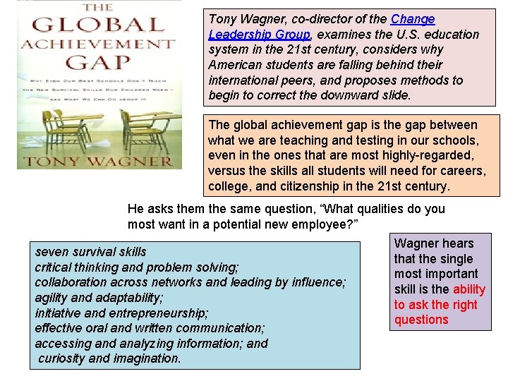 Tony Wagner, co-director of the Change Leadership Group, examines the U. S. education system