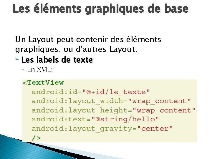 Les éléments graphiques de base Un Layout peut contenir des éléments graphiques, ou d'autres