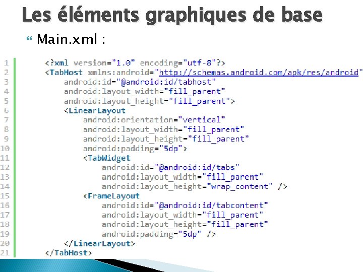 Les éléments graphiques de base Main. xml : 