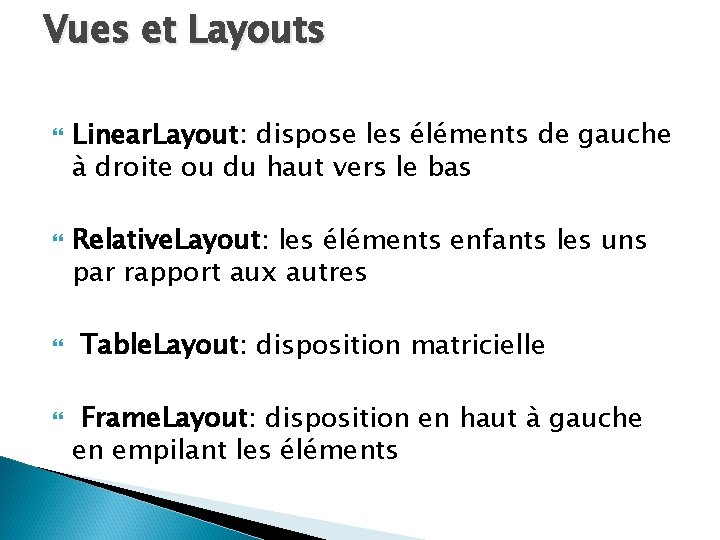 Vues et Layouts Linear. Layout: dispose les éléments de gauche à droite ou du