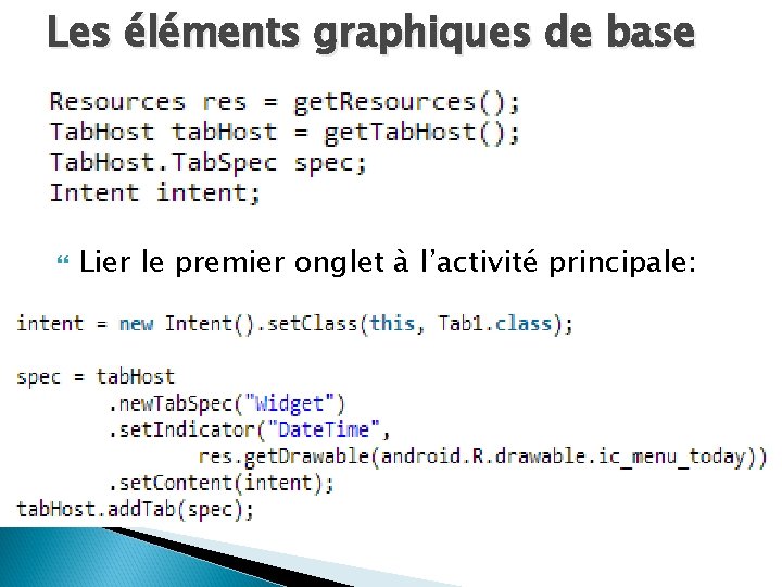 Les éléments graphiques de base Lier le premier onglet à l’activité principale: 