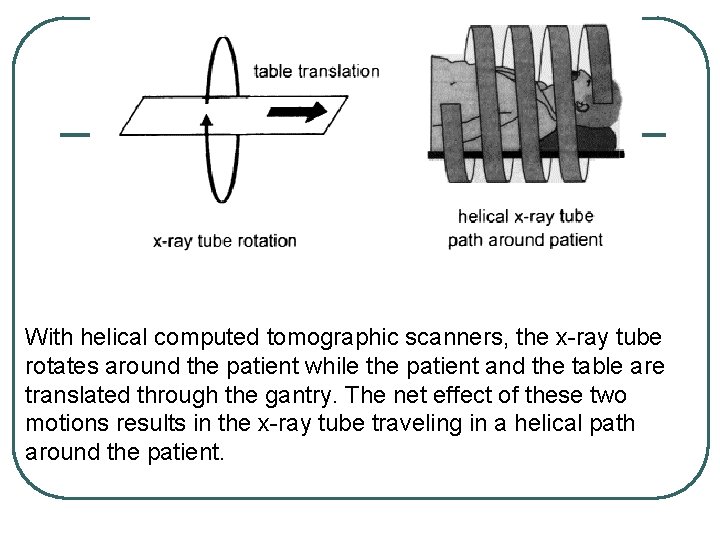 With helical computed tomographic scanners, the x-ray tube rotates around the patient while the With helical computed tomographic scanners, the x-ray tube rotates around the patient while the