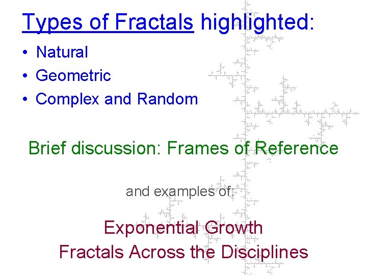 Types of Fractals highlighted: • Natural • Geometric • Complex and Random Brief discussion: