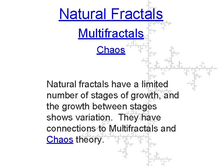 Natural Fractals Multifractals Chaos Natural fractals have a limited number of stages of growth,