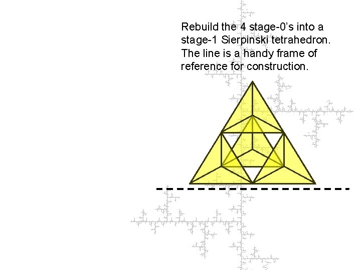 Rebuild the 4 stage-0’s into a stage-1 Sierpinski tetrahedron. The line is a handy
