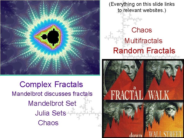 (Everything on this slide links to relevant websites. ) Chaos Multifractals Random Fractals Complex