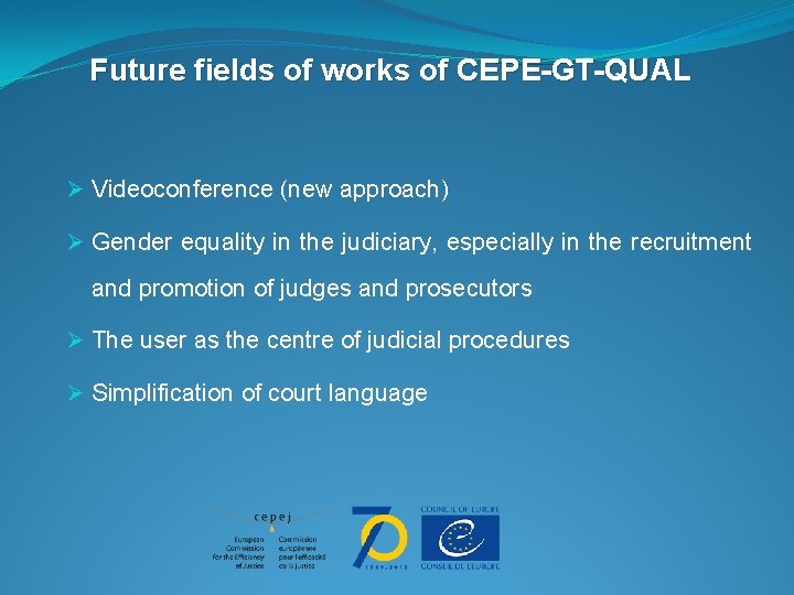 Future fields of works of CEPE-GT-QUAL Ø Videoconference (new approach) Ø Gender equality in
