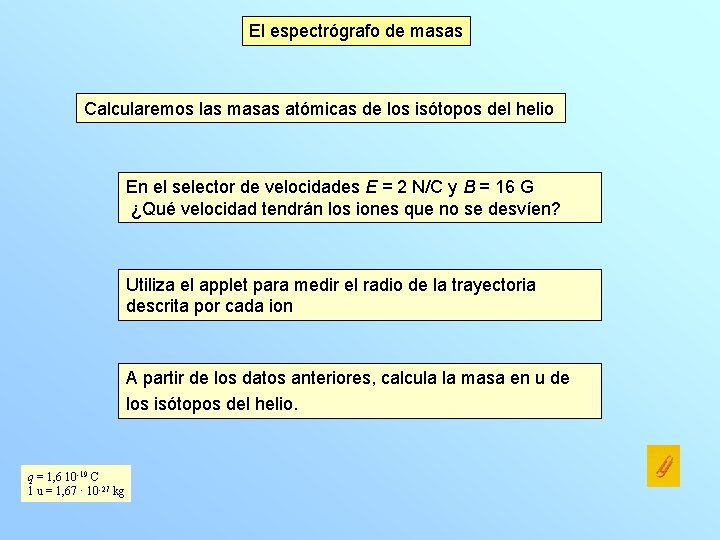 El espectrógrafo de masas Calcularemos las masas atómicas de los isótopos del helio En