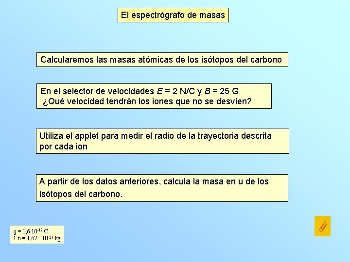 El espectrógrafo de masas Calcularemos las masas atómicas de los isótopos del carbono En