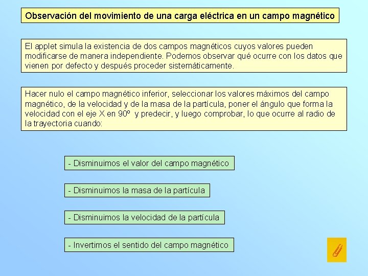 Observación del movimiento de una carga eléctrica en un campo magnético El applet simula