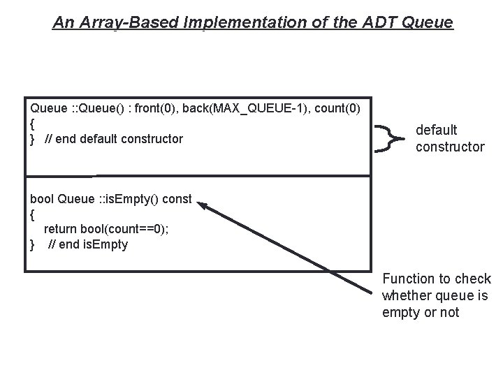 19 An Array-Based Implementation of the ADT Queue : : Queue() : front(0), back(MAX_QUEUE-1),