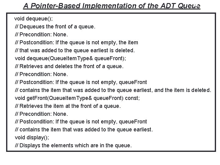 32 A Pointer-Based Implementation of the ADT Queue void dequeue(); // Dequeues the front