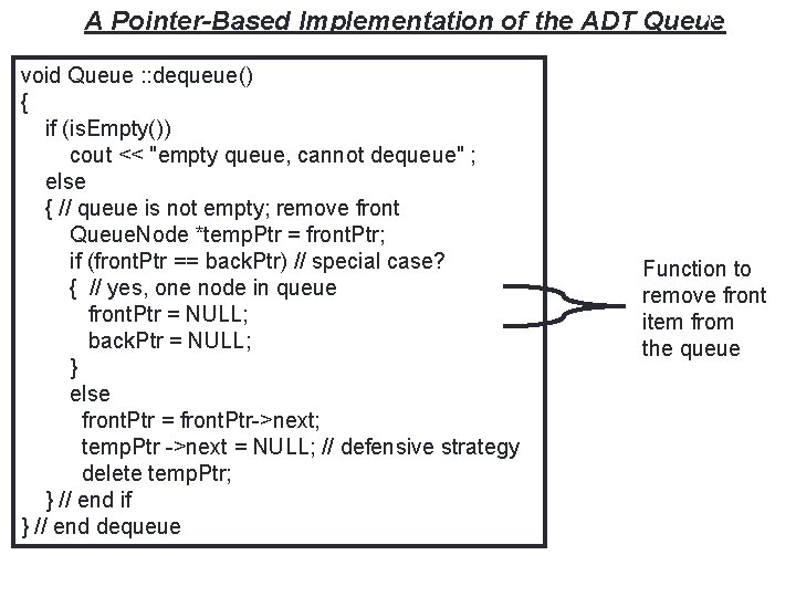 37 A Pointer-Based Implementation of the ADT Queue void Queue : : dequeue() {