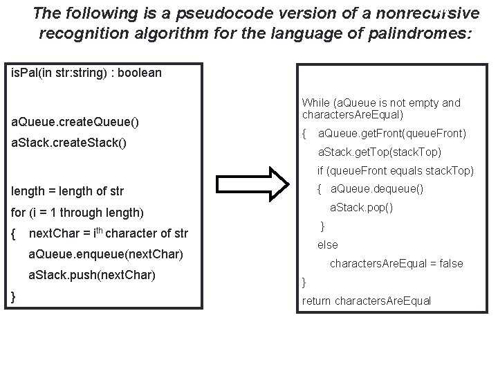 54 The following is a pseudocode version of a nonrecursive recognition algorithm for the