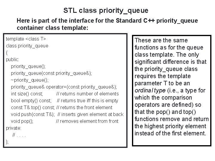 STL class priority_queue 59 Here is part of the interface for the Standard C++