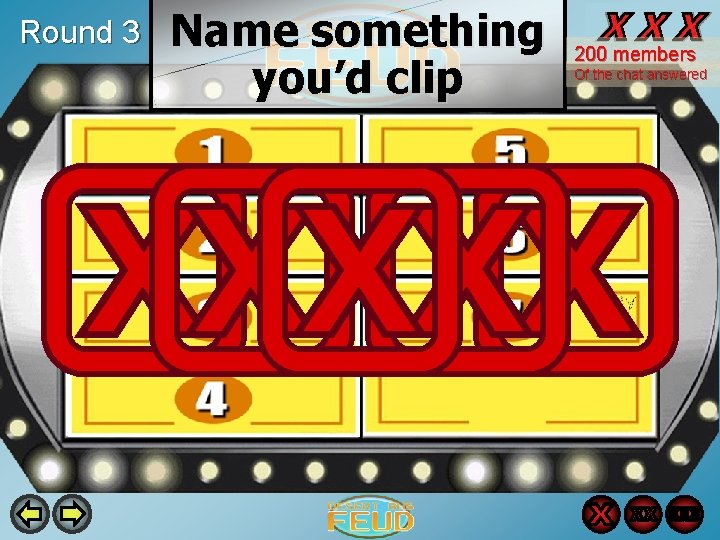 Round 3 Name something you’d clip 200 members Of the chat answered 56 Chips Round 3 Name something you’d clip 200 members Of the chat answered 56 Chips