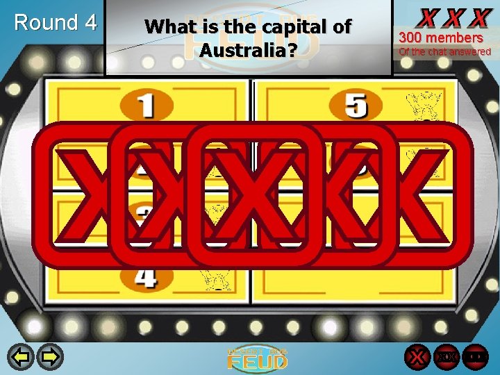 Round 4 What is the capital of Australia? 300 members Of the chat answered