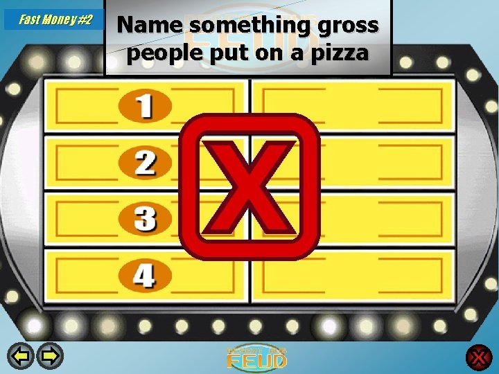 Fast Money #2 Name something gross people put on a pizza Anchovies 40 Pineapple