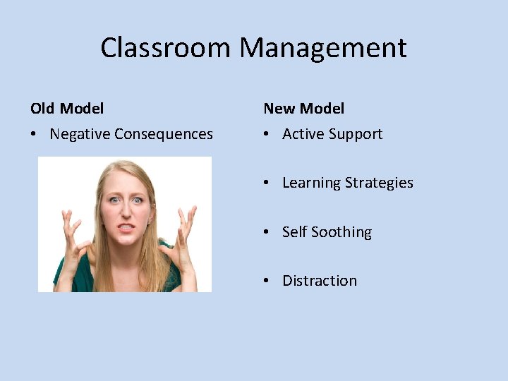 Classroom Management Old Model New Model • Negative Consequences • Active Support • Learning