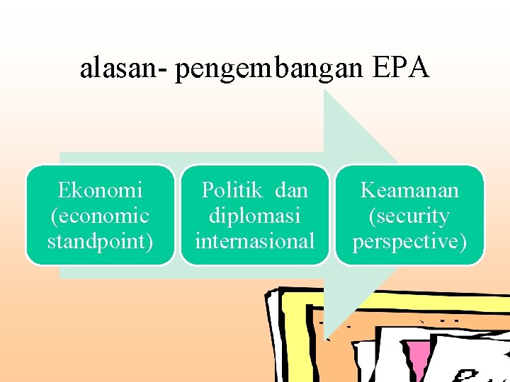 alasan- pengembangan EPA Ekonomi (economic standpoint) Politik dan diplomasi internasional Keamanan (security perspective) 