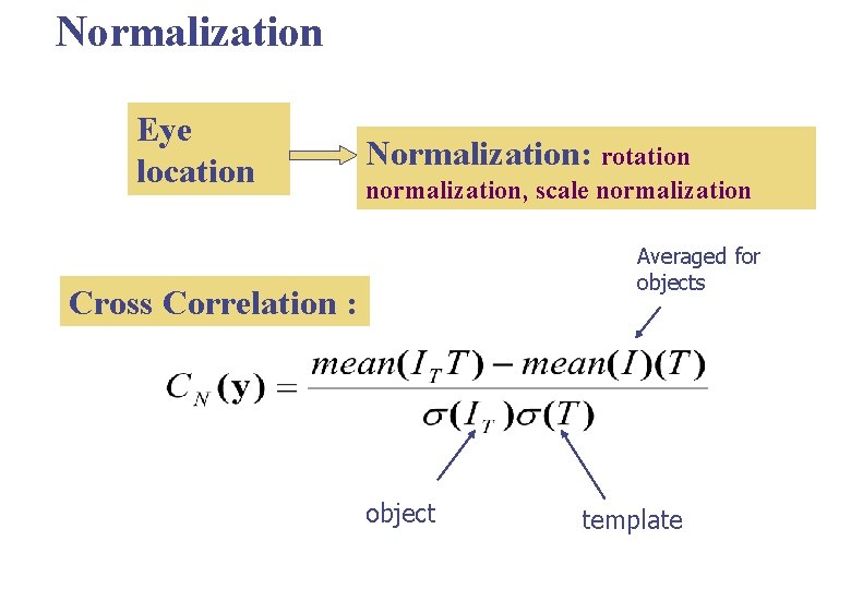 Normalization Eye location Normalization: rotation normalization, scale normalization Averaged for objects Cross Correlation :