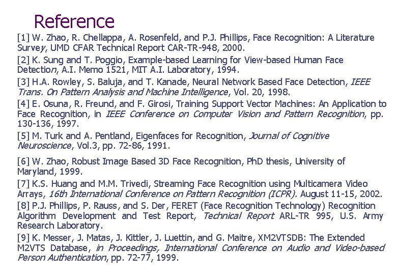 Reference [1] W. Zhao, R. Chellappa, A. Rosenfeld, and P. J. Phillips, Face Recognition: