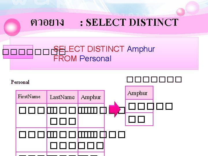 ตวอยาง : SELECT DISTINCT Amphur ���� FROM Personal ������� Personal First. Name Last. Name