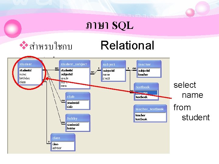 ภาษา SQL vสำหรบใชกบ Database Relational select name from student 