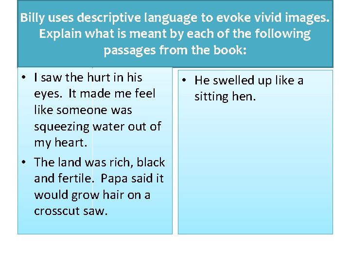 Billy uses descriptive language to evoke vivid images. Explain what is meant by each