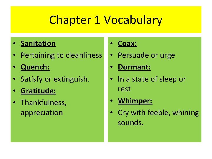 Chapter 1 Vocabulary • • • Sanitation Pertaining to cleanliness Quench: Satisfy or extinguish.