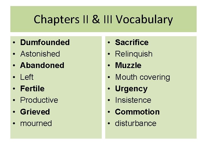 Chapters II & III Vocabulary • • Dumfounded Astonished Abandoned Left Fertile Productive Grieved