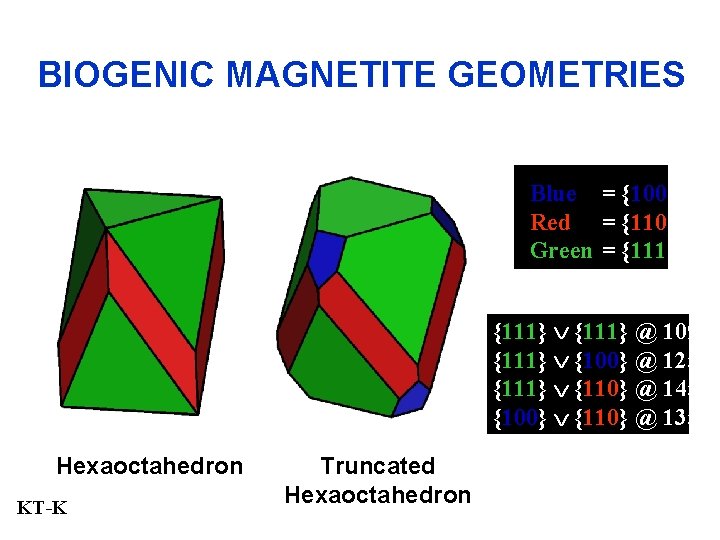 BIOGENIC MAGNETITE GEOMETRIES Blue = {100} Red = {110} Green = {111} @ 109°