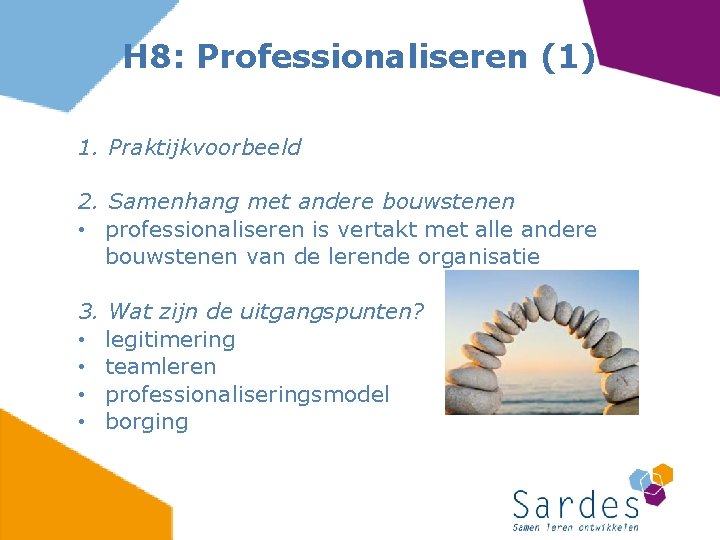 H 8: Professionaliseren (1) 1. Praktijkvoorbeeld 2. Samenhang met andere bouwstenen • professionaliseren is