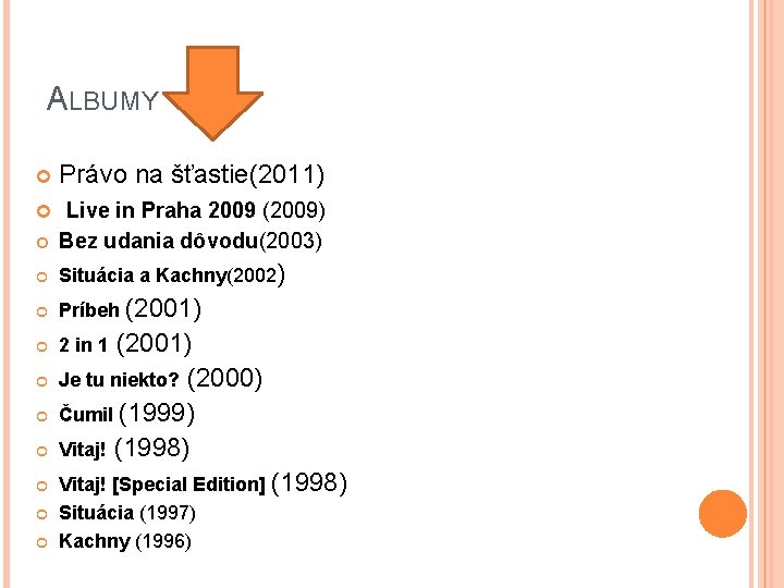 ALBUMY Právo na šťastie(2011) Live in Praha 2009 (2009) Bez udania dôvodu(2003) Situácia a