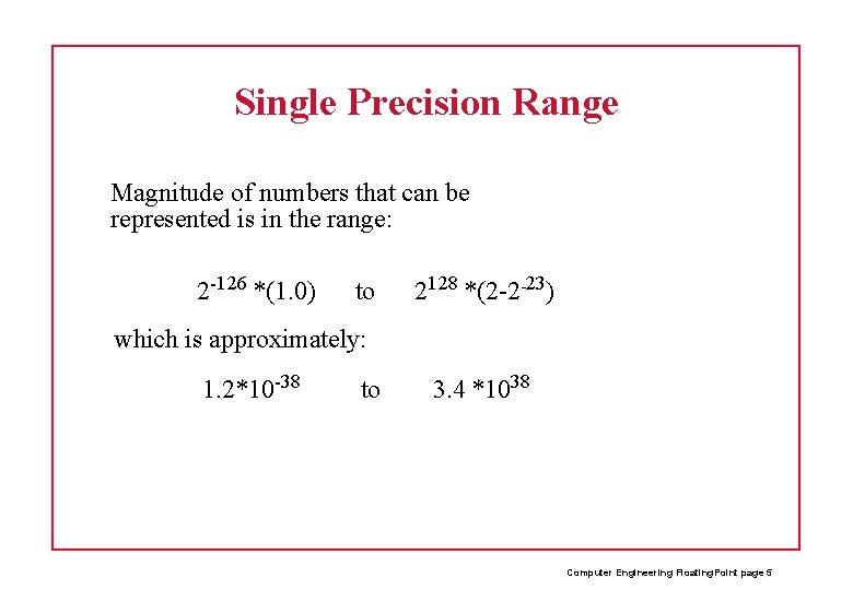 Single Precision Range Magnitude of numbers that can be represented is in the range: