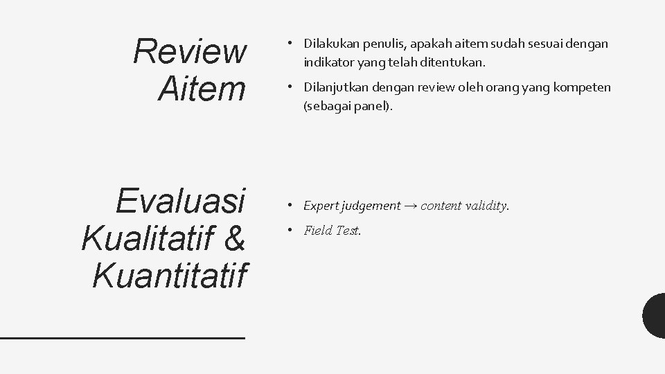 Review Aitem Evaluasi Kualitatif & Kuantitatif • Dilakukan penulis, apakah aitem sudah sesuai dengan