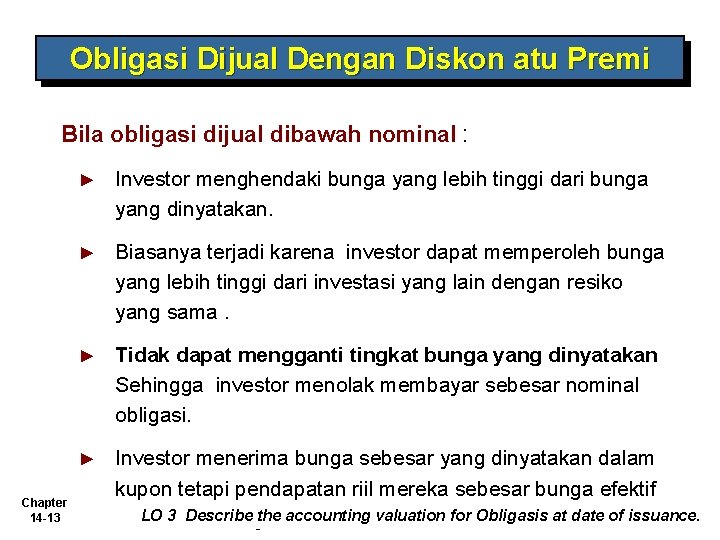 Obligasi Dijual Dengan Diskon atu Premi Bila obligasi dijual dibawah nominal : Chapter 14