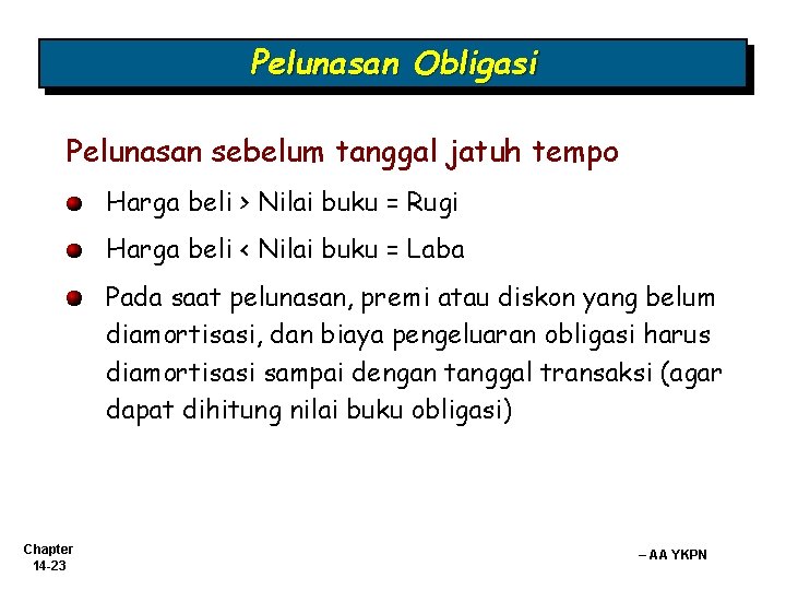 Pelunasan Obligasi Pelunasan sebelum tanggal jatuh tempo Harga beli > Nilai buku = Rugi