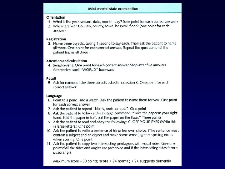 ; score > 24 normal; < 24 suggests dementia 