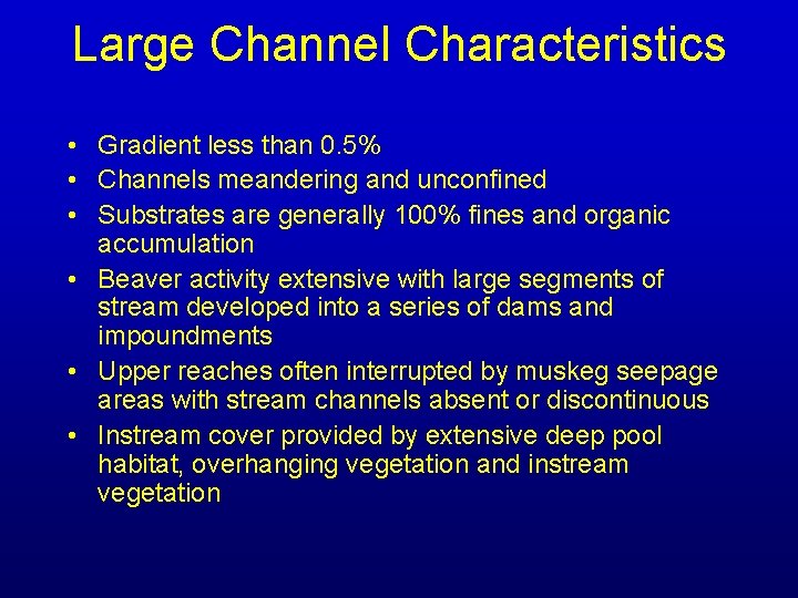 Large Channel Characteristics • Gradient less than 0. 5% • Channels meandering and unconfined