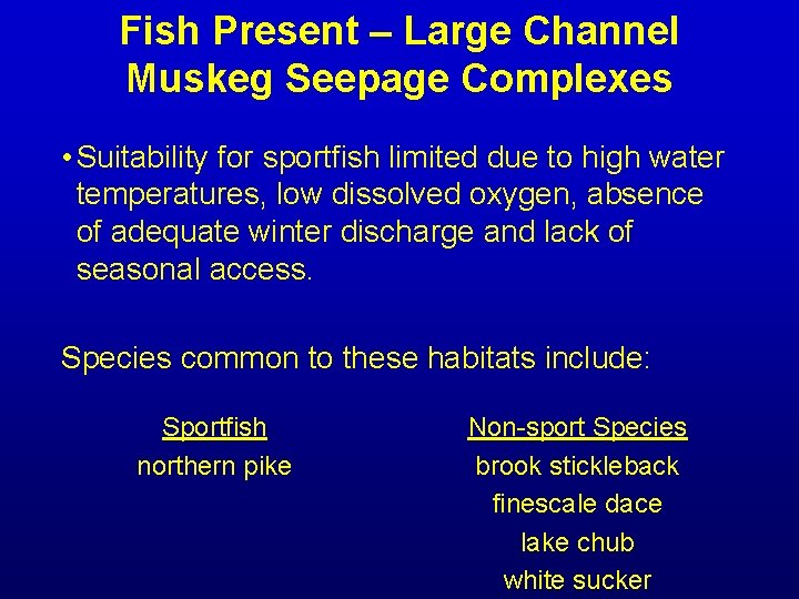 Fish Present – Large Channel Muskeg Seepage Complexes • Suitability for sportfish limited due