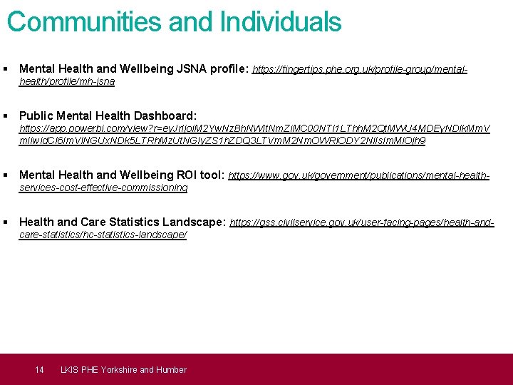 Communities and Individuals § Mental Health and Wellbeing JSNA profile: https: //fingertips. phe. org.