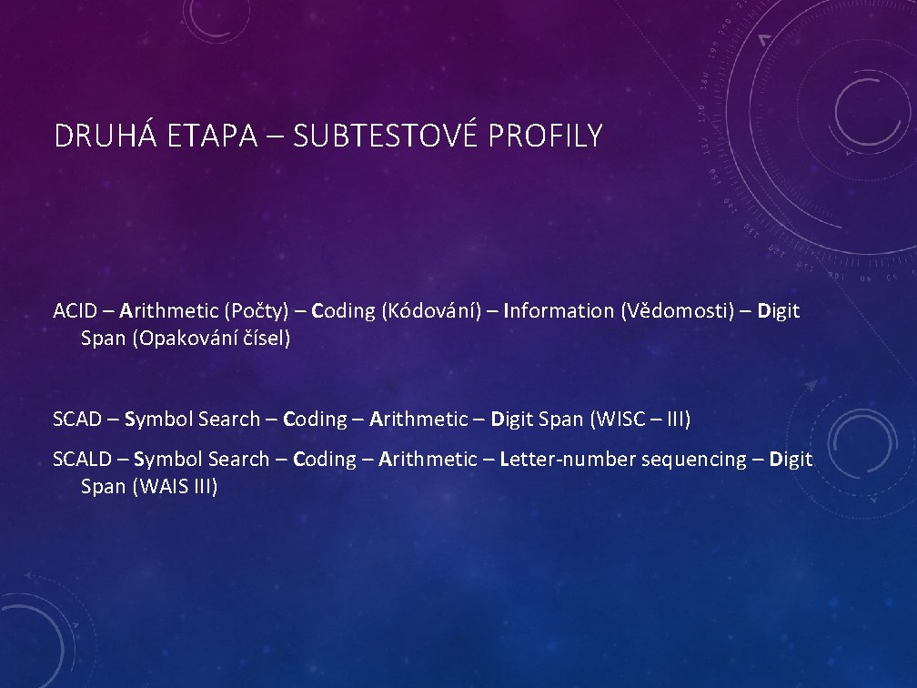 DRUHÁ ETAPA – SUBTESTOVÉ PROFILY ACID – Arithmetic (Počty) – Coding (Kódování) – Information