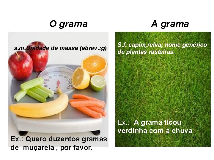 O grama s. m. Unidade de massa (abrev. : g) A grama S. f.