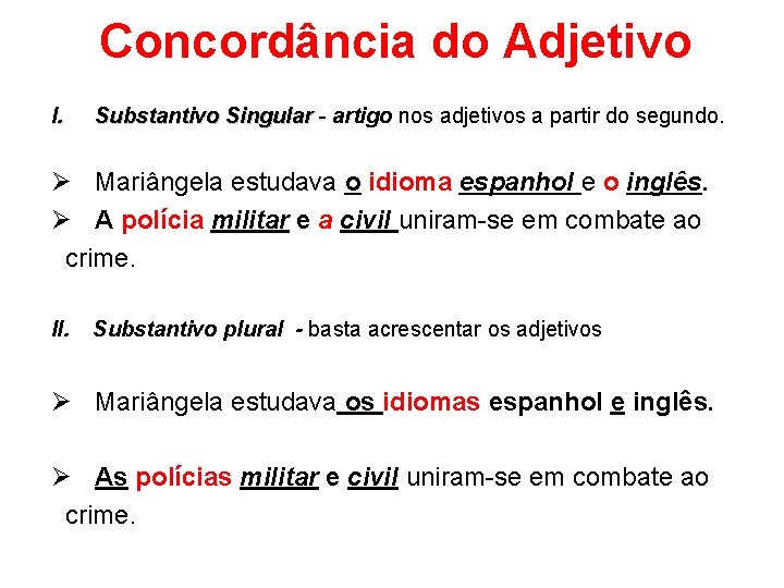 Concordância do Adjetivo I. Substantivo Singular - artigo nos adjetivos a partir do segundo.