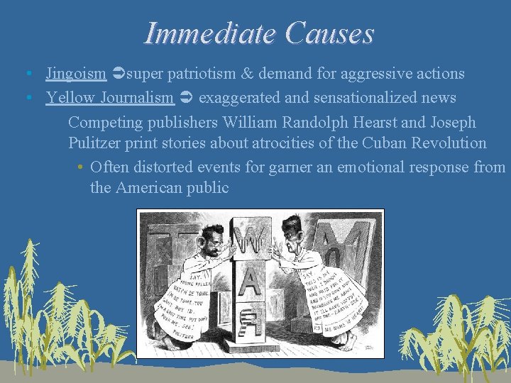 Immediate Causes • Jingoism super patriotism & demand for aggressive actions • Yellow Journalism